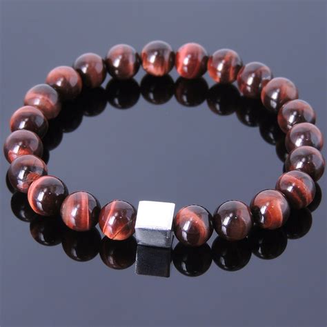 Mens Bracelet Healing Gemstone Red Tiger Eye S925 Sterling Silver Cube