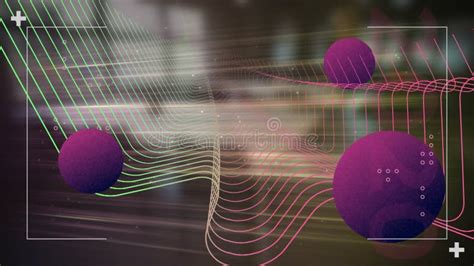 Animation Of Purple Spheres And Digital Data Processing Over Mesh Stock