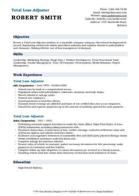 Total Loss Adjuster Resume Samples Qwikresume