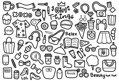 Coisas De Menina - Conjunto de doodle de coisas de menina | Vetor Premium