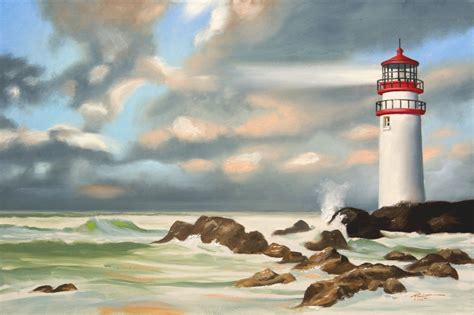 Lighthouse Beach Seascape Decorative 24x36 Oils On Canvas