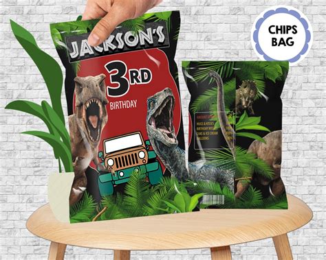 Jurassic Chips Bag Dinosaurs Printable Diy Customizable Chips Bag For Birthday Party Decor And