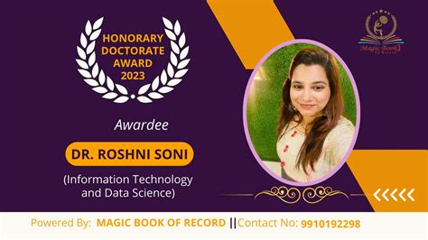 Dr Roshni Soni Is Awarded Honorary Doctorate Award Magic Book Of Record