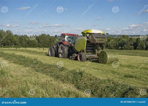 Baling Hay Baling Or Pression Hay Press Using Round Hay Baler Stock