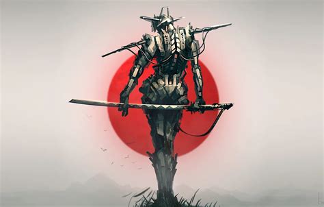 Wallpaper Japan, sword, fantasy, robot, weapon, katana, birds, sun ...