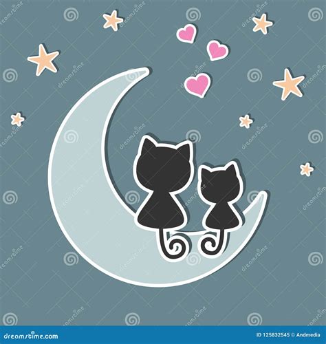 A Beautiful Two Cute Cats In Love Sitting On The Moon At Night Stock