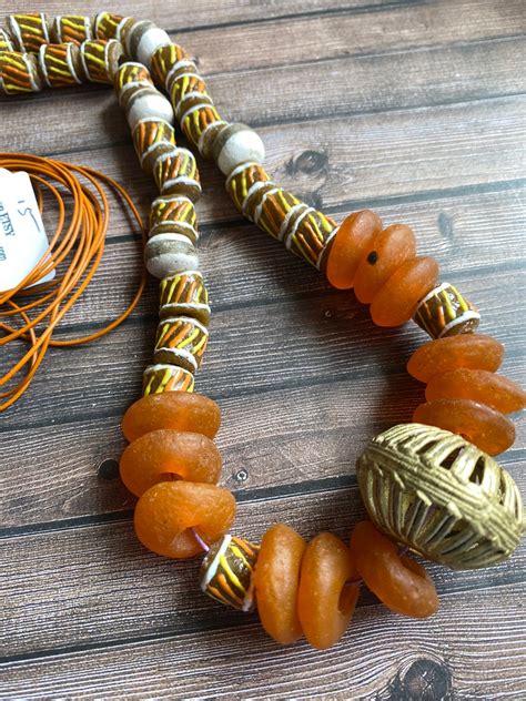 AFRICAN Bead Design Set Bowl Of Beads Brown Orange Yellow Krobo Glass