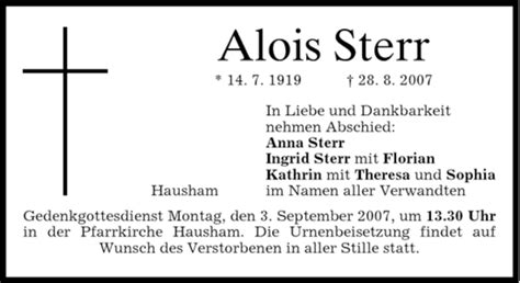 Traueranzeigen Von Alois Sterr Trauer Merkur De