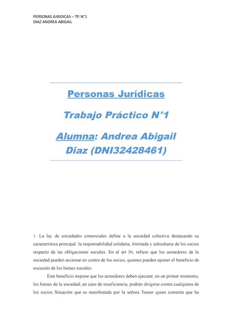 TP N1 tp 1 aprobado DIAZ ANDREA ABIGAIL Personas Jurídicas Trabajo