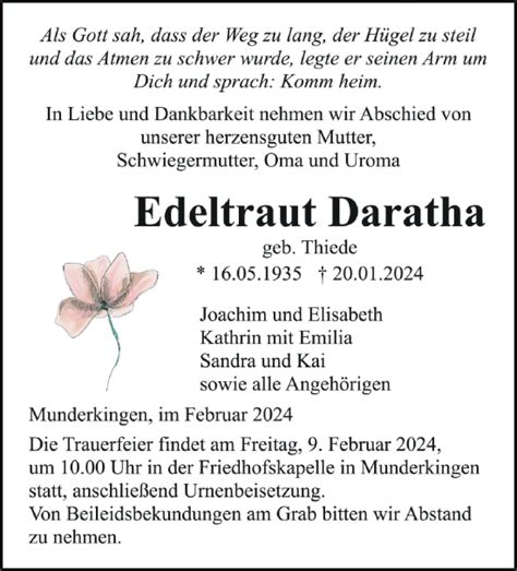 Traueranzeigen Von Edeltraut Daratha Schwaebische De Trauerportal