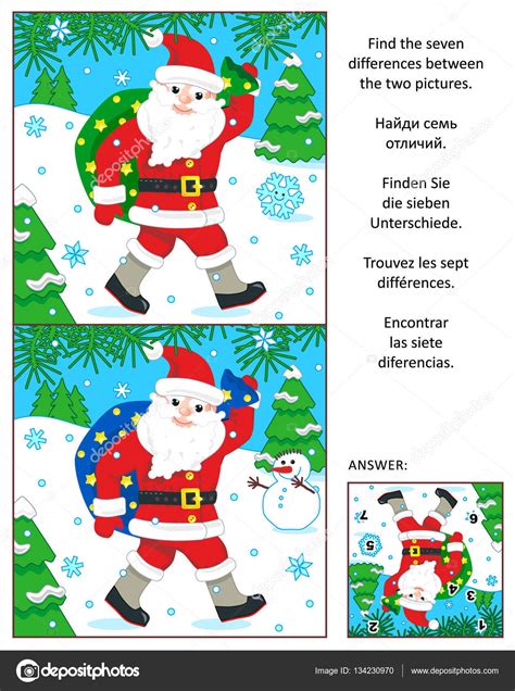 Winter Holidays Find The Differences Picture Puzzle With Santa Klaus