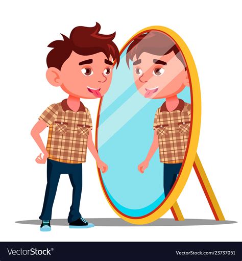 Boy Shows Tongue In His Reflection The Mirror Vector Image