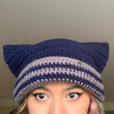 Handmade Crochet Cat Ear Beanie Navy And Grey Depop Crochet