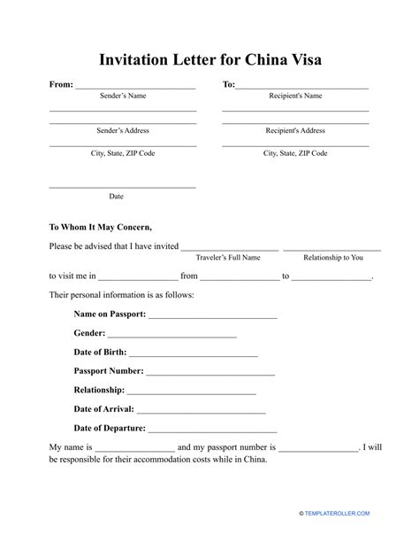 Invitation Letter For China Visa Template Fill Out Sign Online And Download Pdf Templateroller