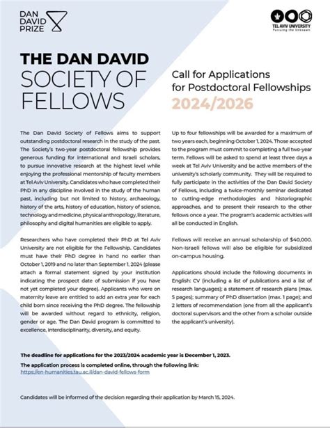 Call For Applications The Dan David Society Of Fellows Postdoctoral