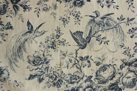 Antique French Toile Fabric Blue Printing With Birds 19th Century