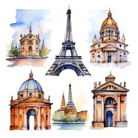 Collection Of Architectural Landmarks Painted By Watercolor Premium