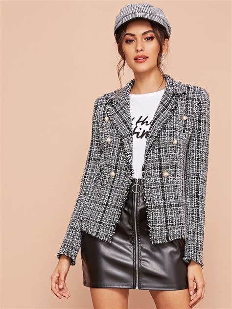 Shein Notch Collar Double Breasted Front Tweed Blazer Tweed Blazer Outfit Womens Active Wear