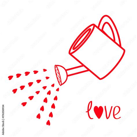 Love Watering Can With Red Hearts Water Drops Contour Line Art Object