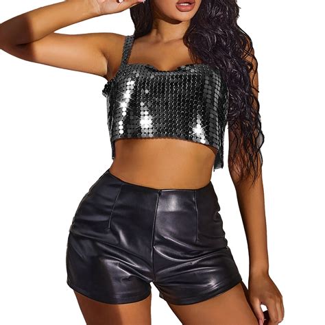 Gdreda Tops For Women Low Cut Backless Metal Sequin Tied Chain Suspender Sexy Crop Vest Black