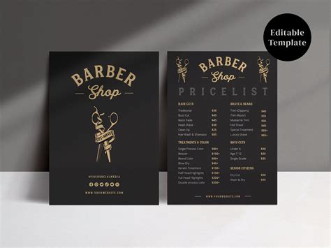 Barber Shop Price List Template Printable Price Sheet Editable Price