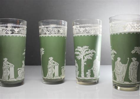 Jeanette Glass Flat Tumblers Hellenic Green 16 Ounce Drinking Glasses