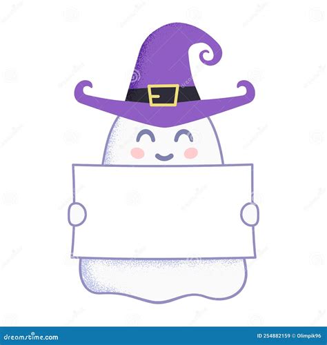 Funny Vector Illustration Of Ghost In Witch Hat Demonstrating White