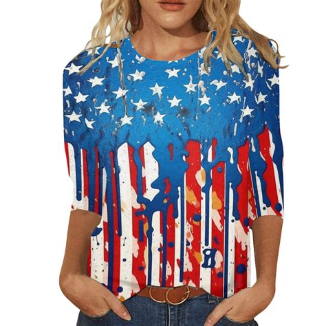 Pmuybhf Female 4july Womens Tops Trendy Sexy Women Summer Tops Round Neck Three Quarter Sleeve