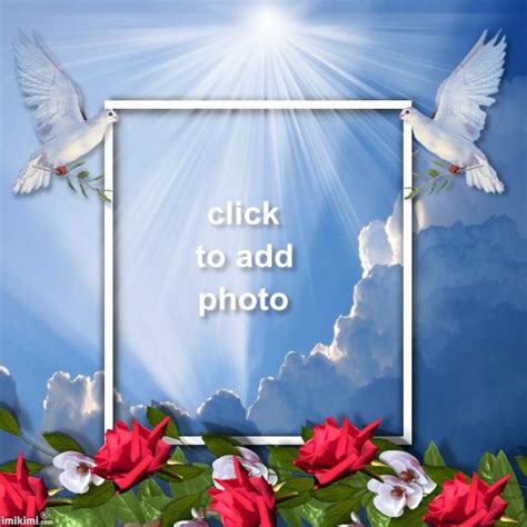 Two White Doves Flying Over Red Roses And The Words Click To Add Photo