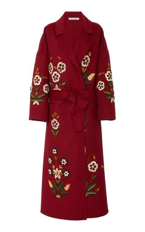 Oscar De La Renta Floral Embroidered Wool And Cashmere Coat In Burgundy