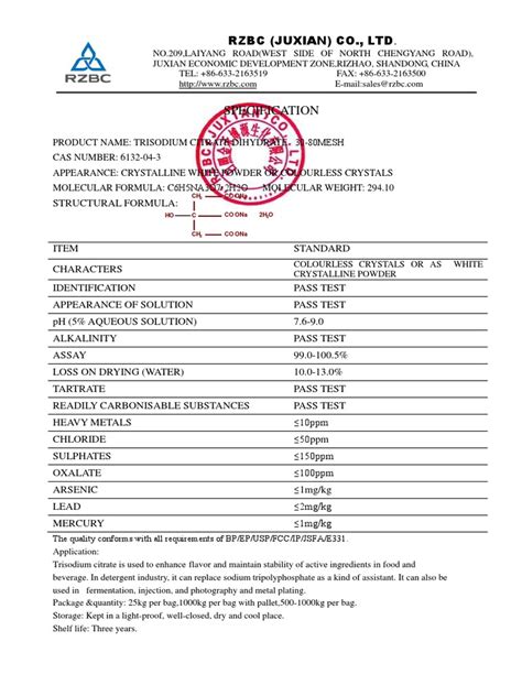 Spec Trisodium Citrate Dihydrate | PDF | Chemistry | Chemical Substances