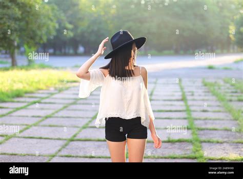 Wonderful Female Hat Asian Sunset Cheerful Emotions Laughter Stock