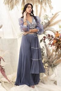 Buy Awigna Blue Crepe Embroidered Blouse And Palazzo Set Online Aza