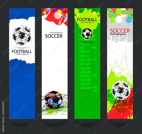 Set of bright banners for soccer. Grunge ball, hand-drawing textures ...