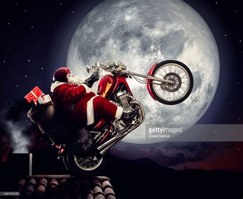 Santa Claus Is Riding His Motorcycle In Front Of The Moon