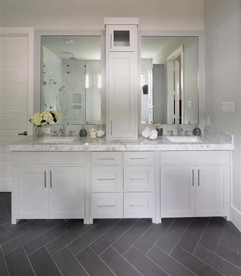 Gray Bathroom With Slate Herringbone Tiled Floor Transitional