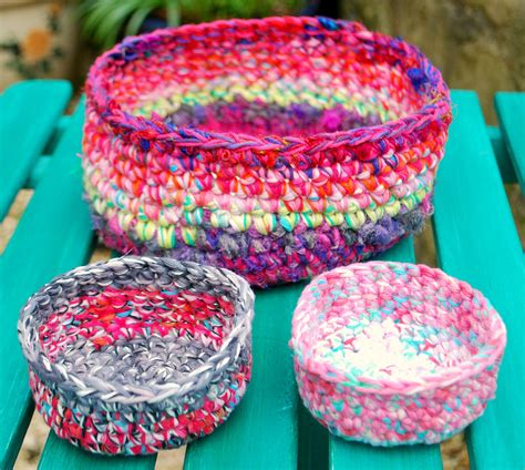 3 Crochet Baskets Made Using Multiple Yarns Held Together To Create