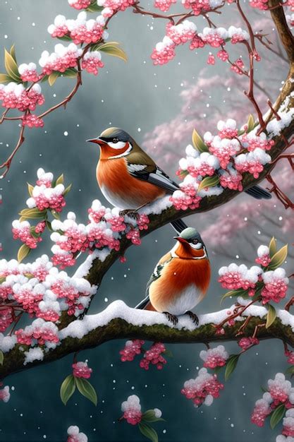 Premium AI Image Two Birds Sitting On Top Of A Tree Covered In Snow