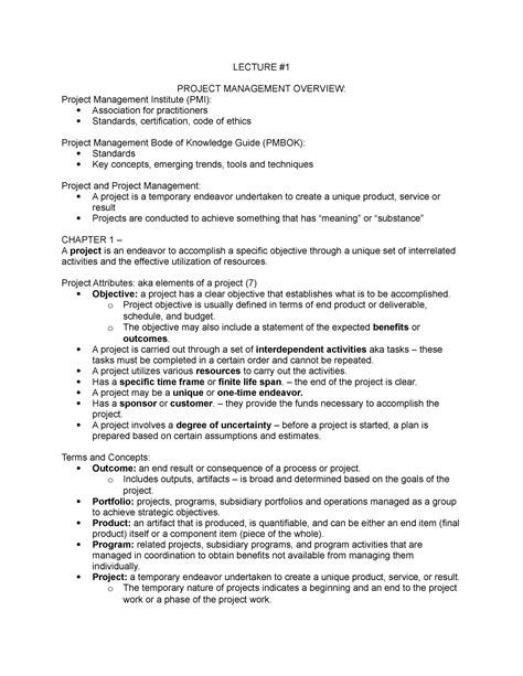 Project Management Notes Lecture Project Management Overview Project