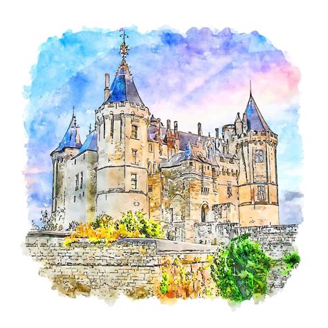 Chateau De Saumur Castle France Watercolor Sketch Hand Drawn