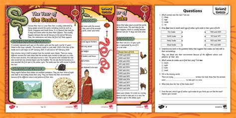 LKS2 The Year Of The Snake Differentiated Reading Comprehension Activity