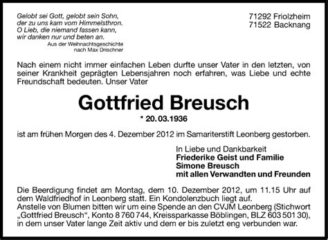 Traueranzeigen Von Gottfried Breusch Stuttgart Gedenkt De