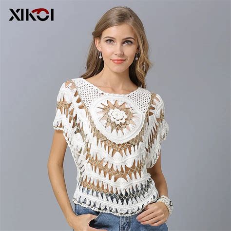 Xikoi Sexy Women T Shirt Hollow Out Summer Handmade Indie Folk Female Ethnic Customs Clothing