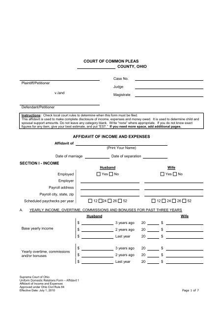 Affidavit Of Income And Expenses