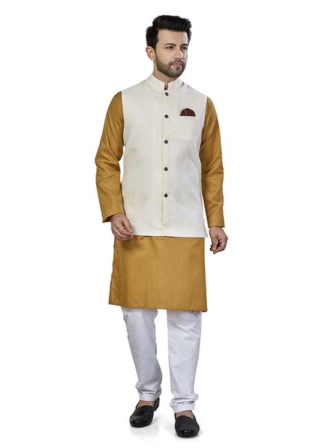 Shop Online White And Yellow Ceremonial Kurta Payjama With Jacket