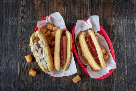 Top View Of Dressed Hot Dogs With Tater Tots In Baskets 7592362 Stock