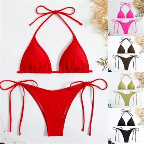 Women S Solid Color Bikini Set Halter Tie Swimsuit Sexy G String Thong