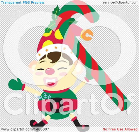 Clipart Of A Happy Christmas Elf Cheering With A Candy Cane Royalty