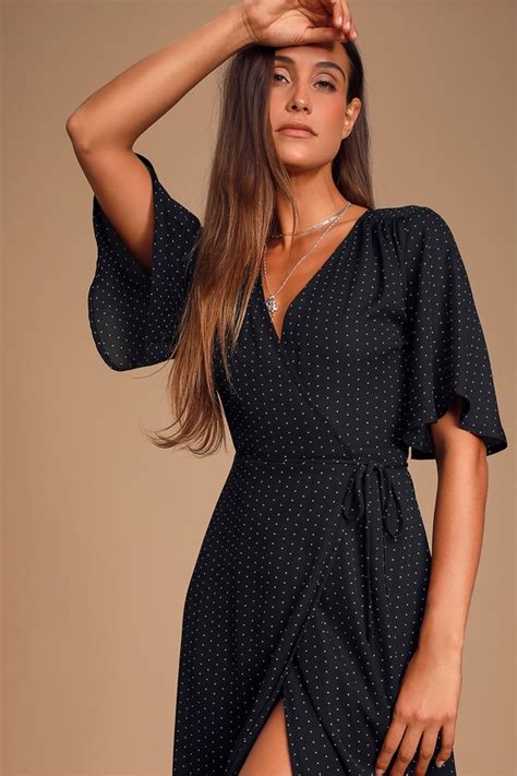 Cute Black Dress Black Print Dress Midi Wrap Dress Dress Lulus