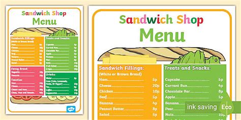 Sandwich Shop Role Play Menu Teacher Made Twinkl